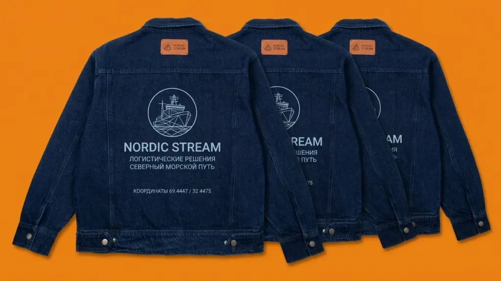 Три джинсовые куртки Nordic Stream каскадом, лазерная гравировка логотипа на спине