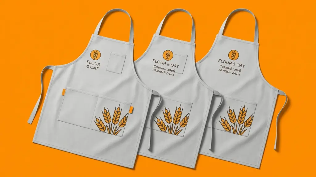 Три серых фартука с ДТФ-печатью FLOUR & OAT, расположены внахлёст под углом три четверти