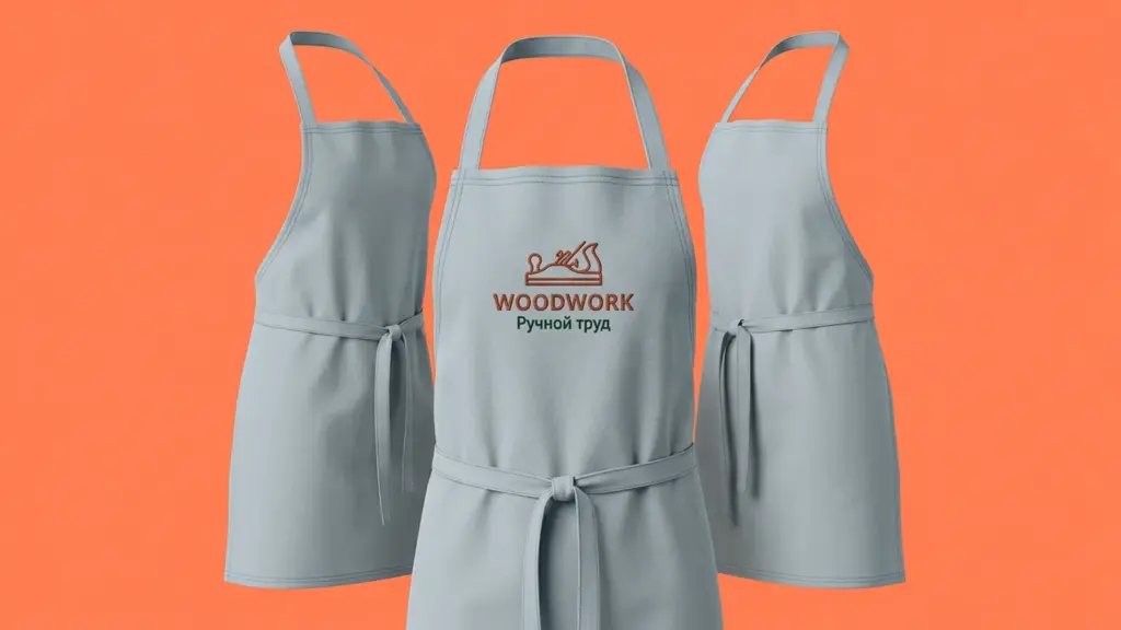 Фартуки WOODWORK на манекенах — объёмная композиция в три четверти, серо-голубая ткань на коралловом фоне