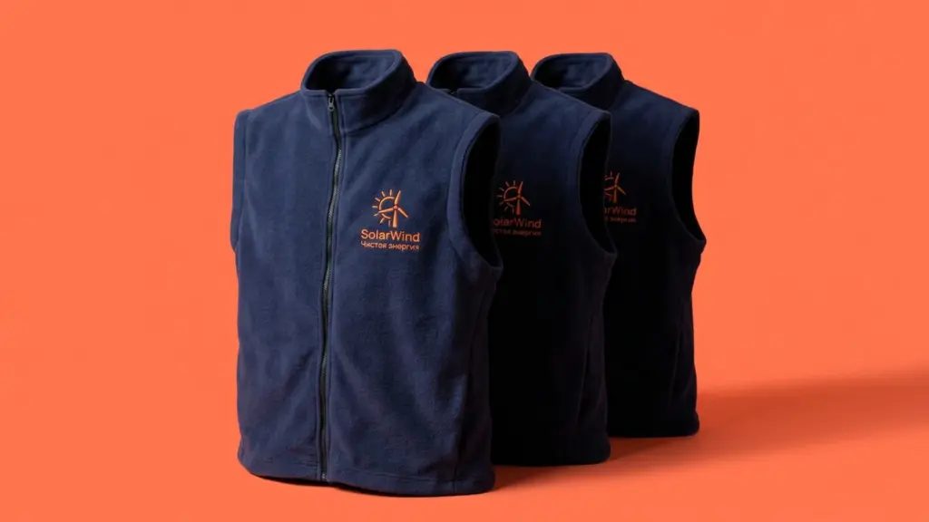 Три тёмно-синих флисовых жилета SolarWind каскадом — оранжевая вышивка на груди переднего