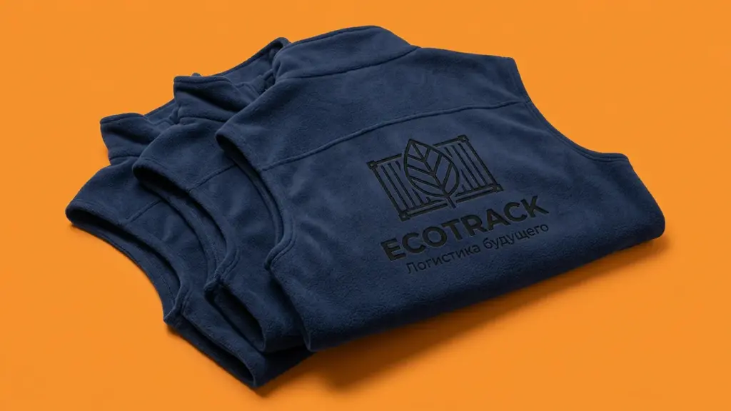 Три тёмно-синих флисовых жилета EcoTrack, сложенных с углом три четверти — виден брендированный принт на спинке верхнего