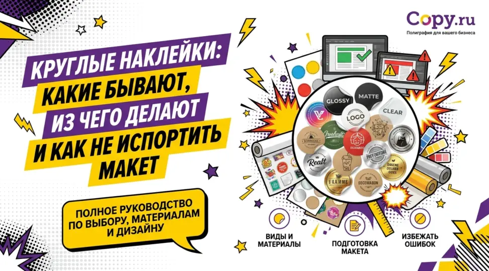 Круглые наклейки: какие бывают, из чего делают и как не испортить макет - картинка