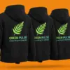 Три чёрных худи GREEN PULSE внахлёст — принт на спинке в три четверти