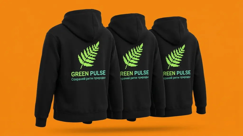 Три чёрных худи GREEN PULSE внахлёст — принт на спинке в три четверти