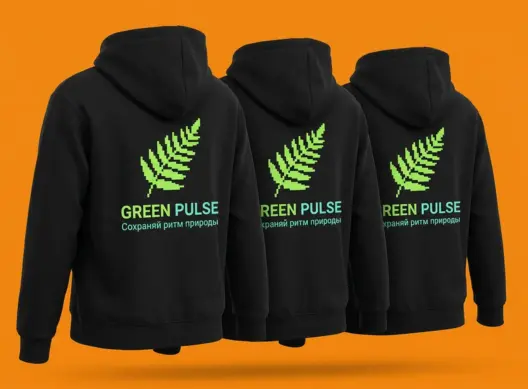 Три чёрных худи GREEN PULSE внахлёст — принт на спинке в три четверти