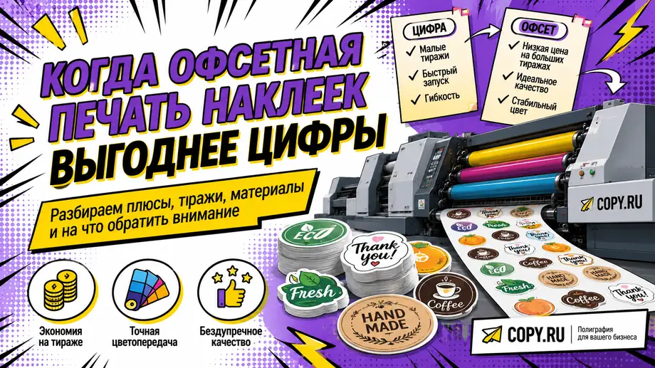 Когда офсетная печать наклеек выгоднее цифры-4