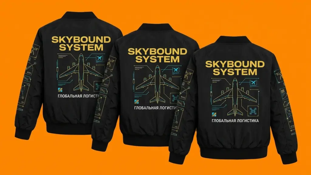 Три куртки-бомбера Skybound Logistics каскадом — брендированные спинки и рукава в ракурсе три четверти