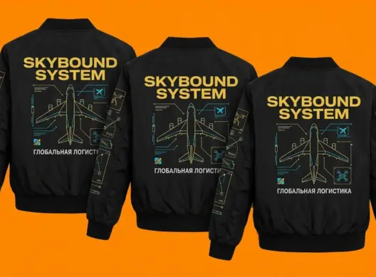 Три куртки-бомбера Skybound Logistics каскадом — брендированные спинки и рукава в ракурсе три четверти