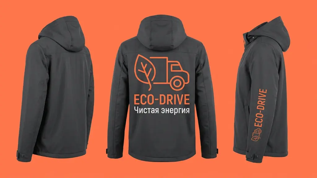 Три куртки ECO-DRIVE на манекенах: центральная спиной с оранжевым логотипом на тёмно-серой спинке