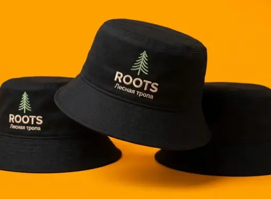 Три чёрные панамы ROOTS на оранжевом фоне, центральная — в повороте три четверти с вышивкой хвойного дерева на тулье