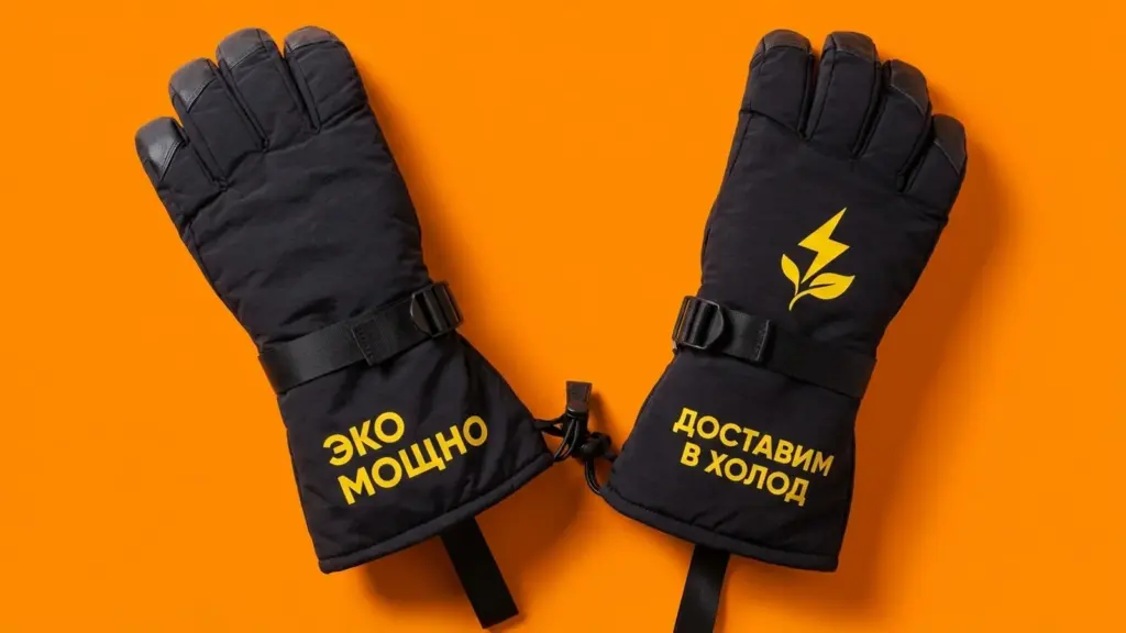 Чёрные перчатки EcoMotion с жёлтым ДТФ-принтом на манжетах на оранжевом фоне