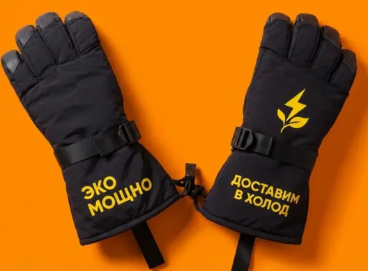 Чёрные перчатки EcoMotion с жёлтым ДТФ-принтом на манжетах на оранжевом фоне