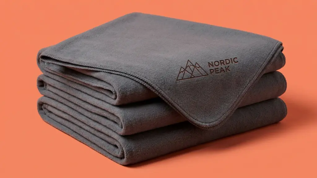 Три флисовых пледа Nordic Peak сложены стопкой, на верхнем — лазерная гравировка в углу