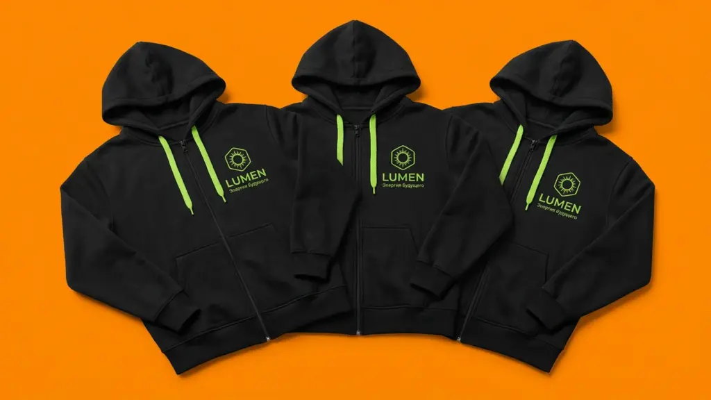 Три чёрных зип-худи Lumen Green Energy на оранжевом фоне с салатовой вышивкой на груди