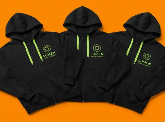 Три чёрных зип-худи Lumen Green Energy на оранжевом фоне с салатовой вышивкой на груди