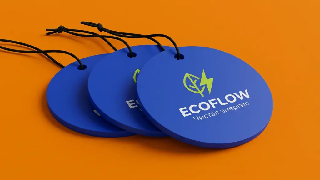 Три синих ароматизатора EcoFlow с логотипом ECOFLOW, уложенные внахлёст под углом на оранжевом фоне