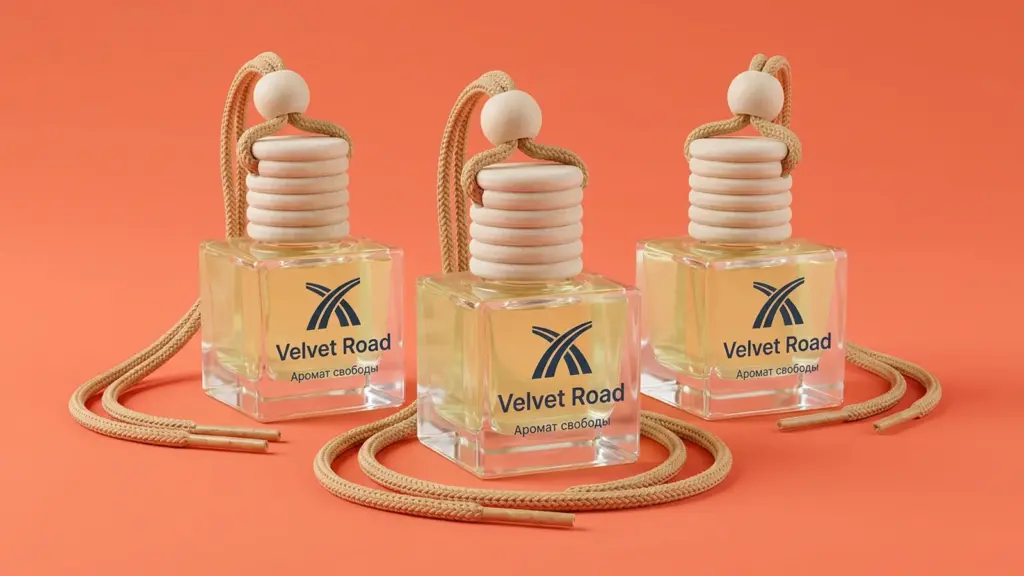 Три автомобильных ароматизатора Velvet Road на коралловом фоне, шнурки уложены рядом