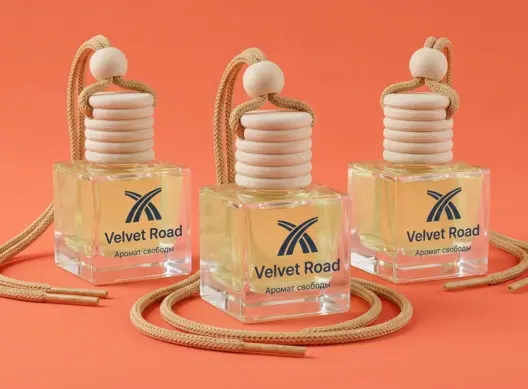 Три автомобильных ароматизатора Velvet Road на коралловом фоне, шнурки уложены рядом