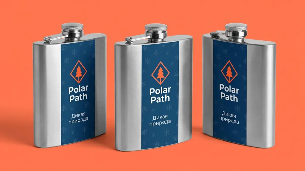 Три металлические фляжки Polar Path с оранжевым логотипом и синим фоном на коралловом фоне