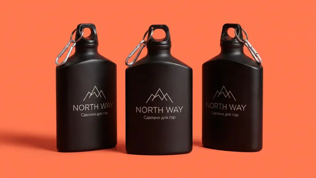 Три матовые чёрные фляжки с лазерной гравировкой NORTH WAY на коралловом фоне