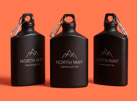 Три матовые чёрные фляжки с лазерной гравировкой NORTH WAY на коралловом фоне
