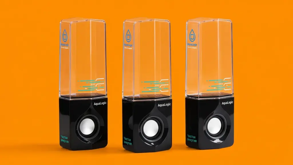 Три колонки AquaLogic под углом три четверти на оранжевом фоне — синяя графика на прозрачной колбе и чёрном основании