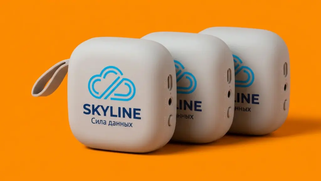 Три портативные колонки с логотипом SKYLINE Solutions под углом 45°, видны боковые разъёмы и петли