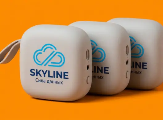 Три портативные колонки с логотипом SKYLINE Solutions под углом 45°, видны боковые разъёмы и петли