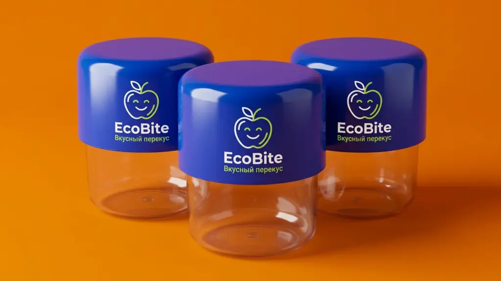 Три ланч-бокса EcoBite с синими крышками и прозрачными чашами на оранжевом фоне
