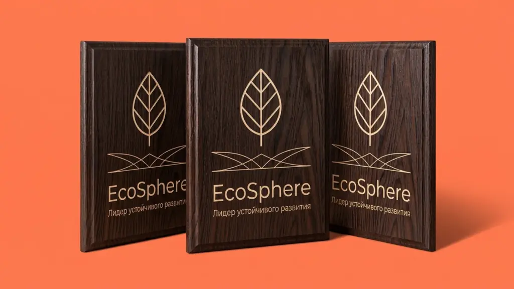 Три деревянные плакетки EcoSphere веером на коралловом фоне — видны фаски и матовая текстура венге