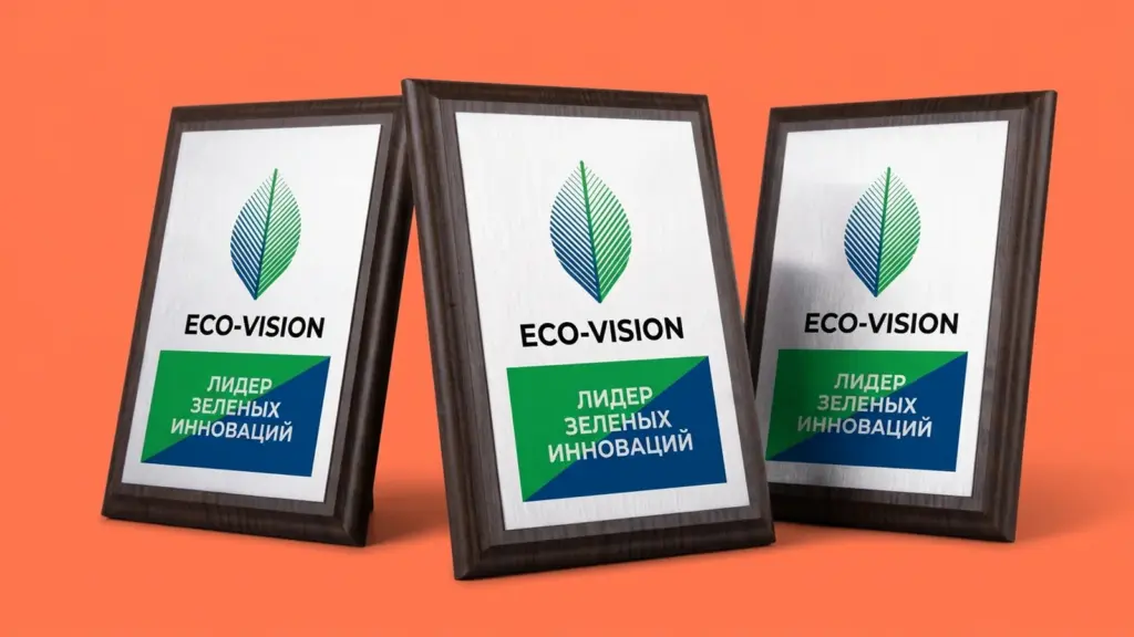 Три плакетки ECO-VISION на коралловом фоне в динамичной композиции три четверти, деревянная основа в объёме