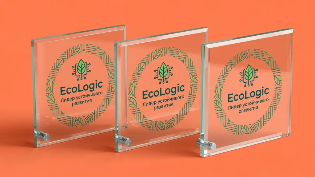Три стеклянные плакетки EcoLogic Solutions с бликами на полированных фасках