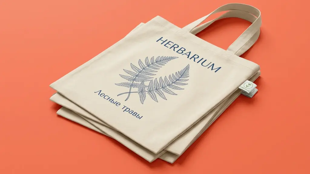 Три шопера Herbarium с ботаническим принтом, сложенные каскадом под углом на коралловом фоне