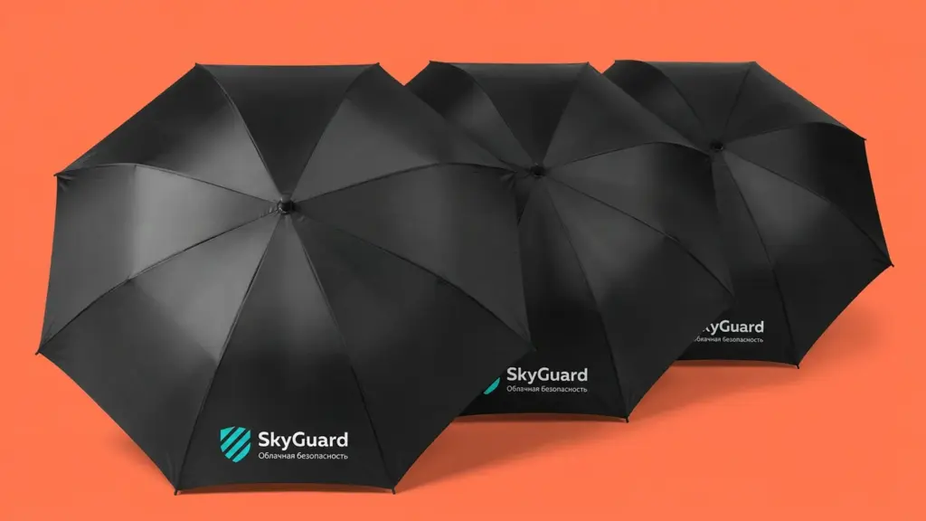 Три чёрных складных зонта SkyGuard Solutions каскадом в ракурсе три четверти на коралловом фоне