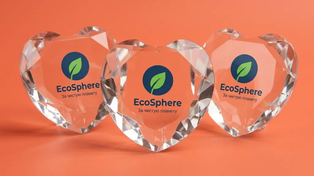 Три стеклянные стелы EcoSphere Tech в форме сердца на коралловом фоне с игрой световых преломлений