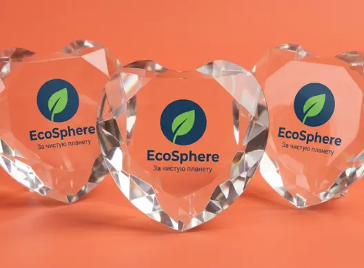 Три стеклянные стелы EcoSphere Tech в форме сердца на коралловом фоне с игрой световых преломлений