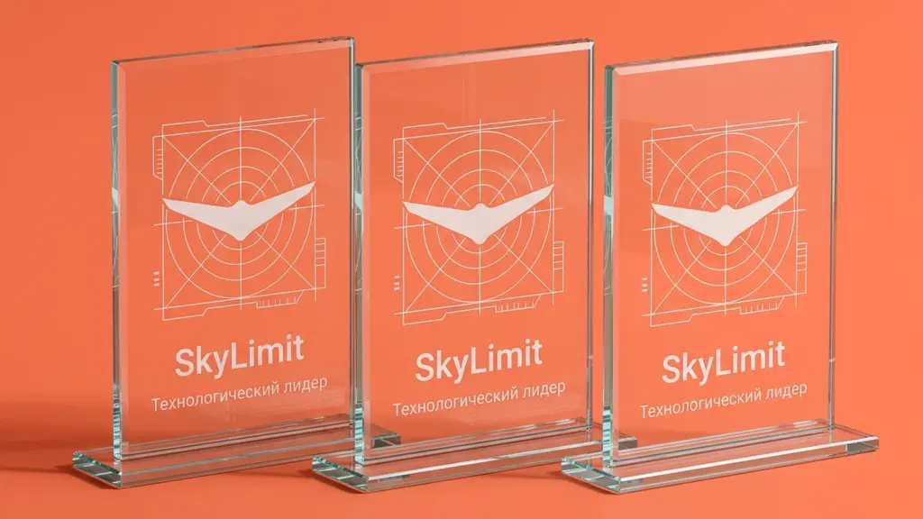 Три стеклянные стелы SkyLimit в ракурсе три четверти — свет преломляется сквозь прозрачные грани