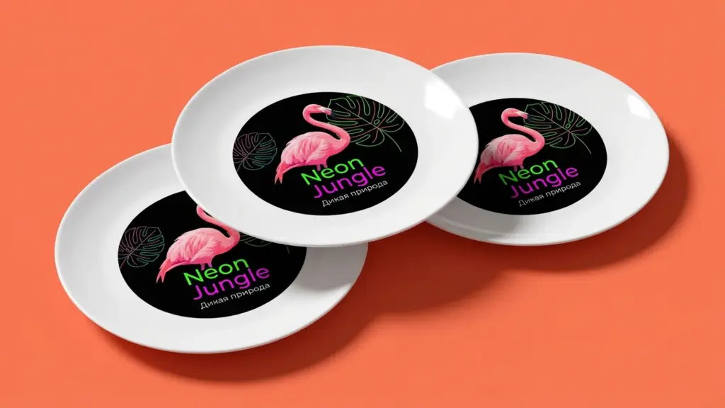 Три керамические тарелки Neon Jungle с фламинго в ступенчатой композиции, ракурс в три четверти