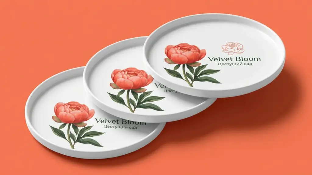 Три керамические тарелки Velvet Bloom с цветочным принтом, расположены каскадом в ракурсе три четверти