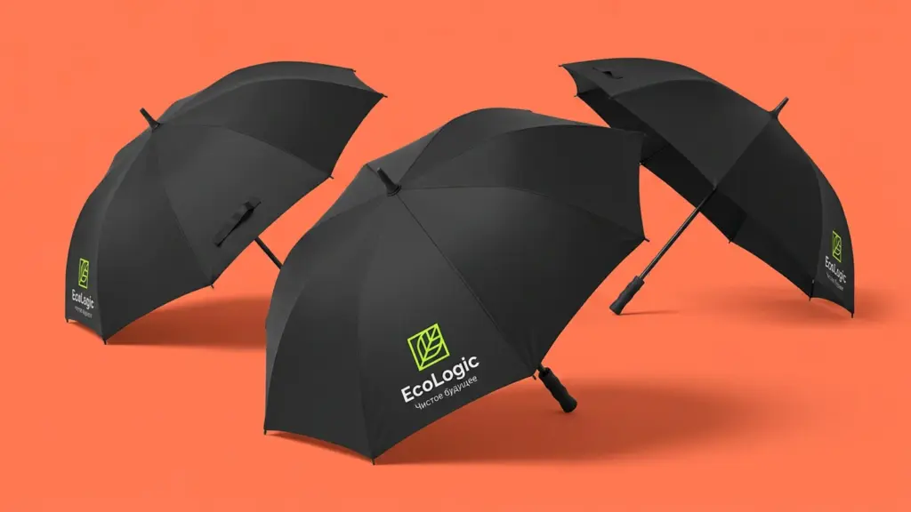 Три чёрных зонта-трости EcoLogic в динамичной композиции на коралловом фоне, логотип виден на переднем плане